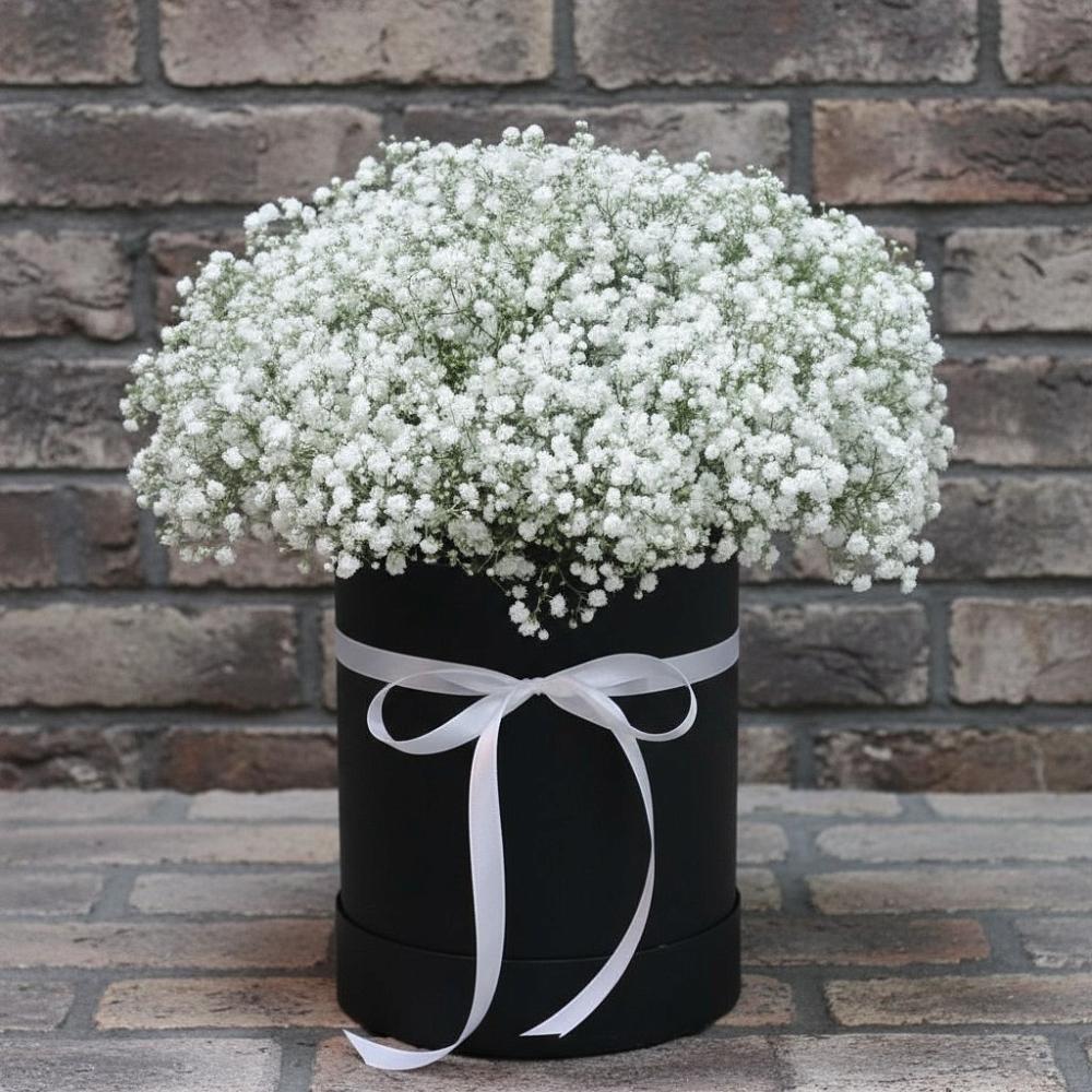 Цветочная композиция из Гипсофила в шляпной коробке в Павловске Воронежской области