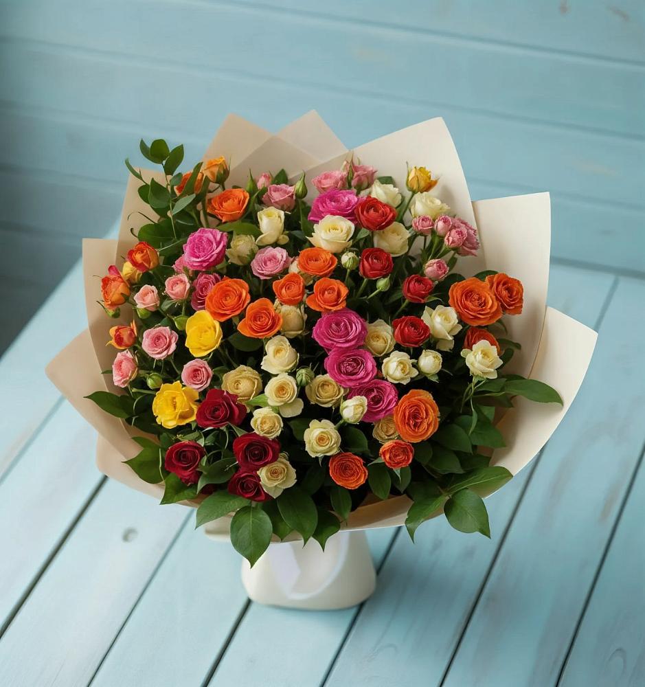 Букет Микс из разноцветных кустовых роз в Павловске Воронежской области